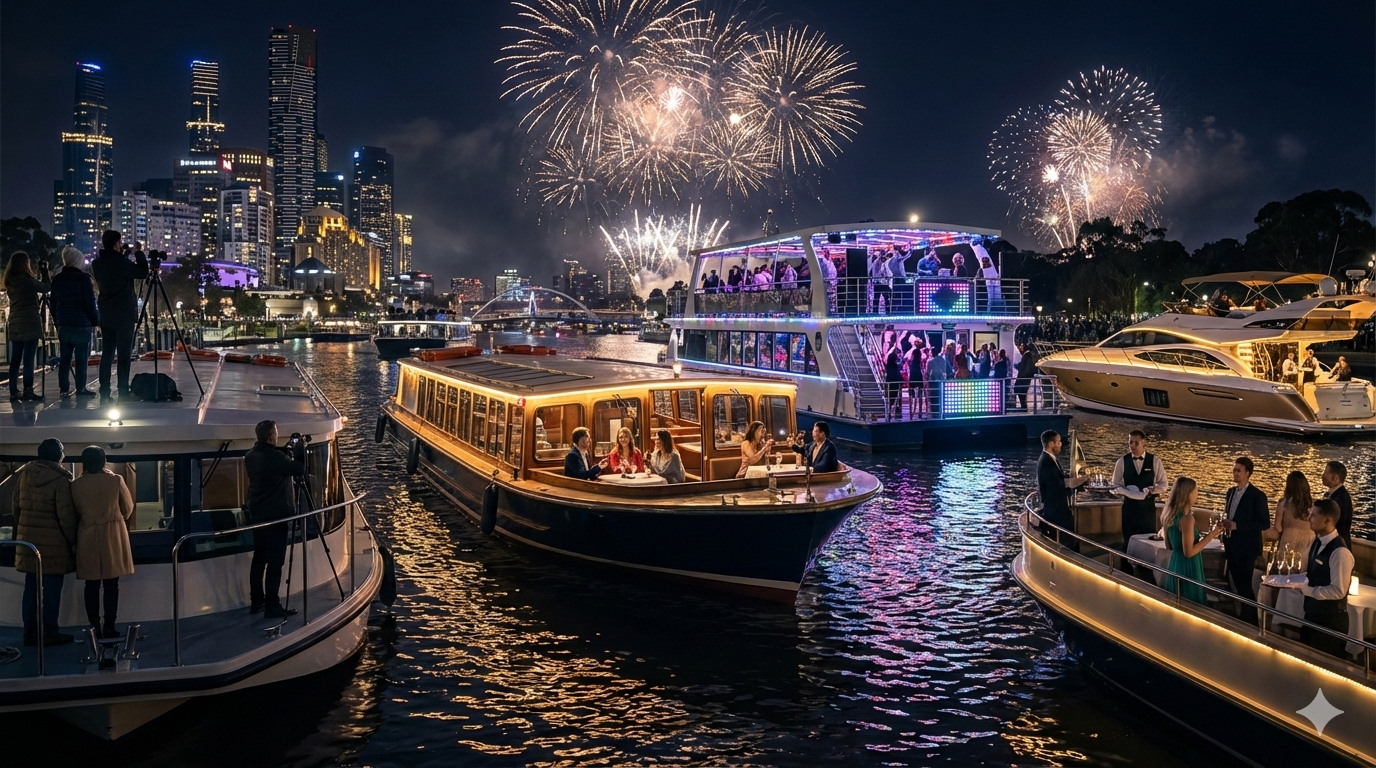 party boat cruising during NYE in yarra river